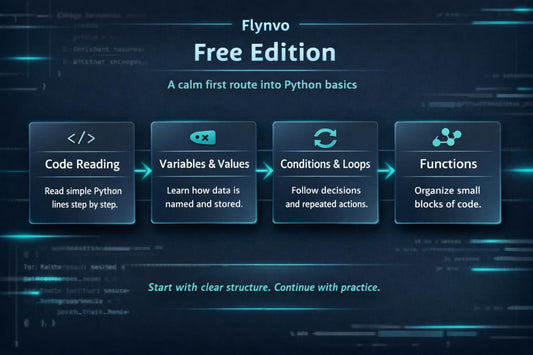 Flynvo Free Edition Python tutorial flowchart on a dark background
