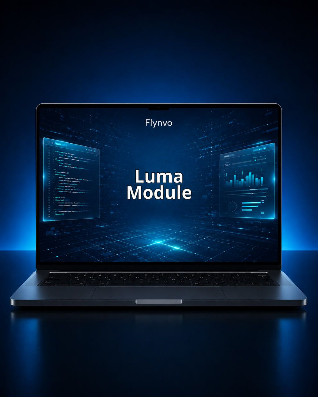 Laptop displaying 'Flynvo Luma Module' on a dark blue background