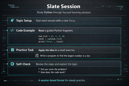 Slate Session for studying Python with topic setup, code example, practice task, and self-check.