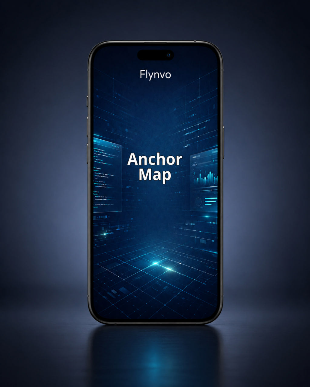 Phone displaying 'Flynvo' with 'Anchor Map' on a dark background