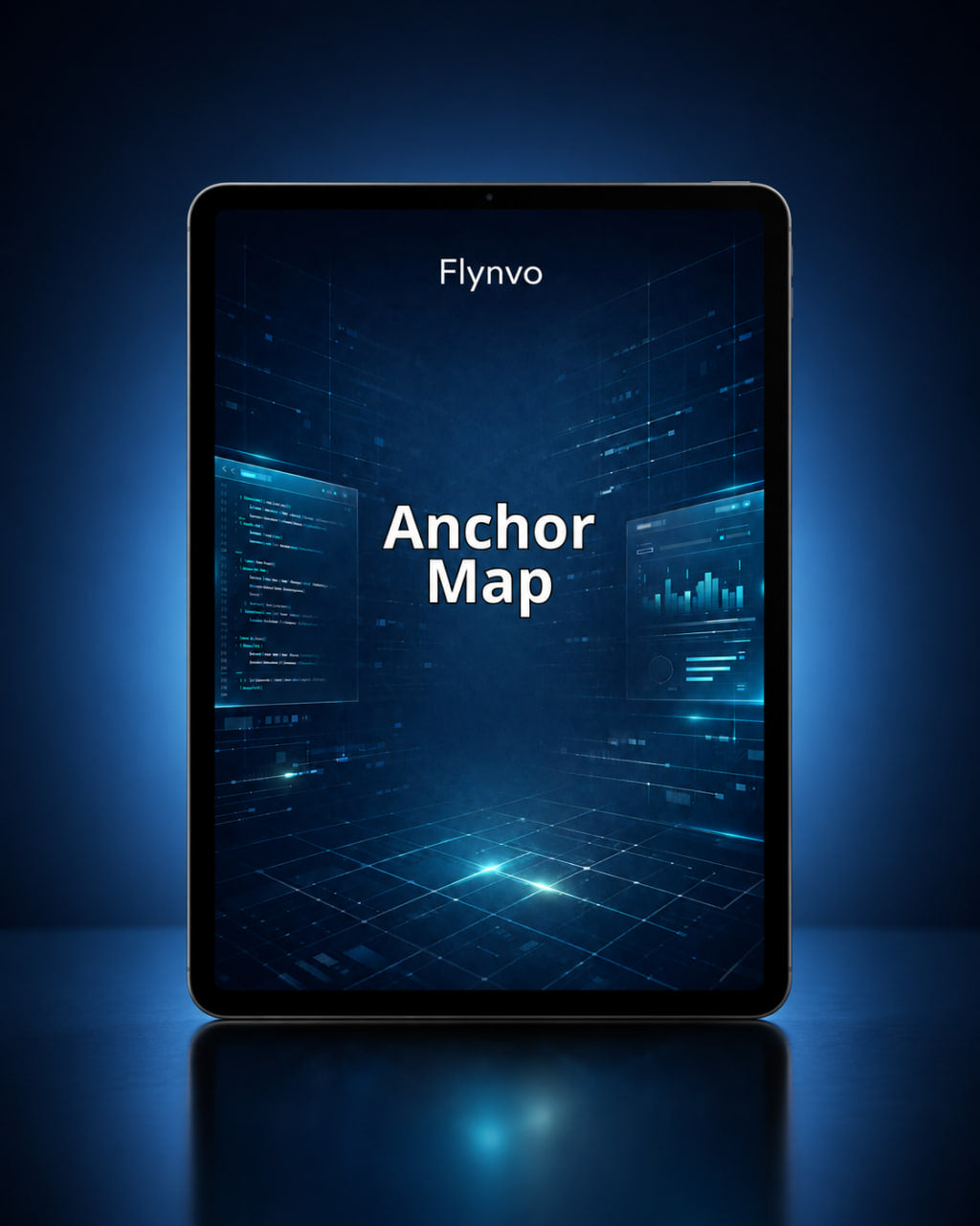 Tablet displaying 'Anchor Map' on a dark blue background with 'Flynvo' branding.