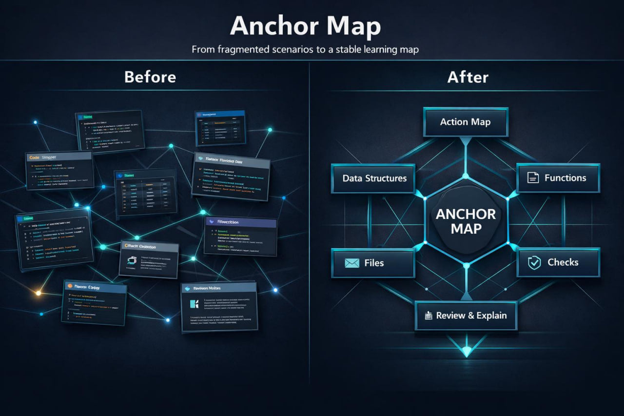 Comparison of fragmented scenarios to a stable learning map with 'Anchor Map' at the center.