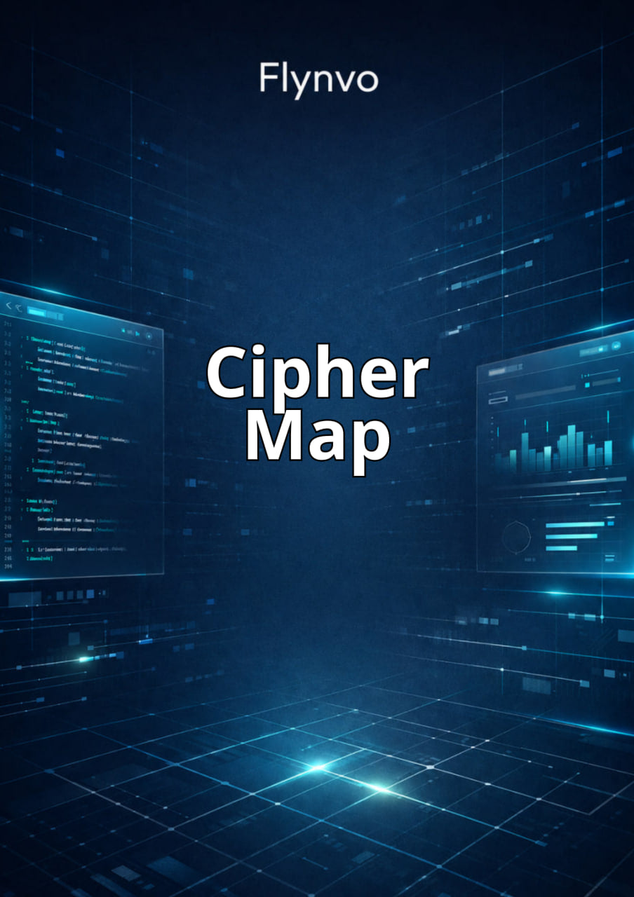 Flynvo Cipher Map with digital interface design on a dark blue background