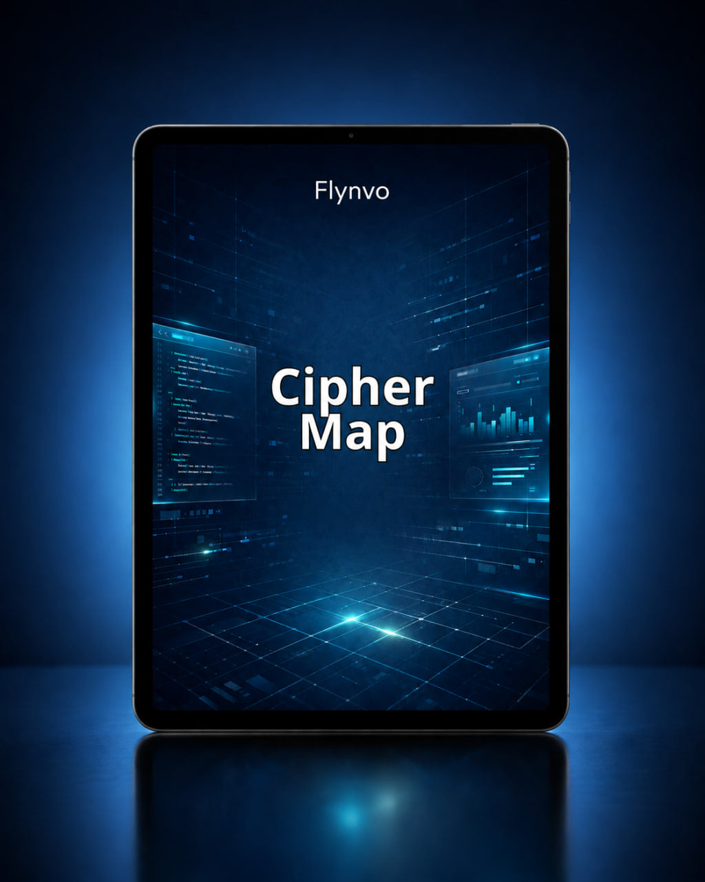 Tablet displaying 'Flynvo Cipher Map' on a dark blue background