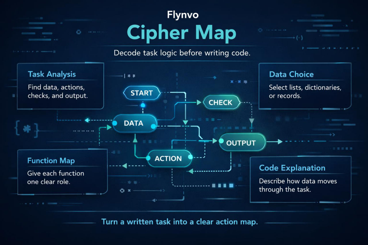 Flynvo Cipher Map diagram on a dark background with blue text and arrows.