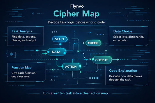 Flynvo Cipher Map diagram on a dark background with blue text and arrows.