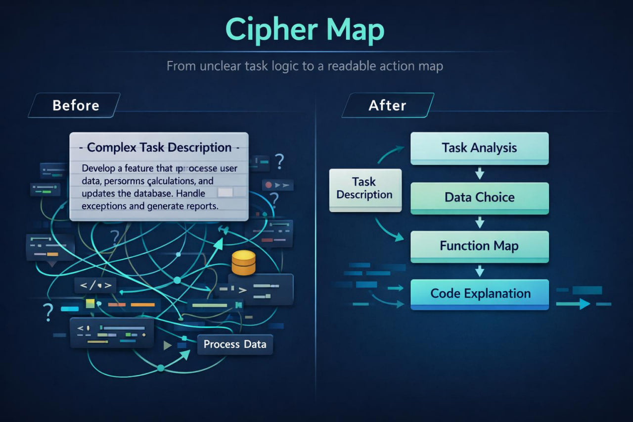 Comparison of complex task description before and after using Cipher Map on a dark background
