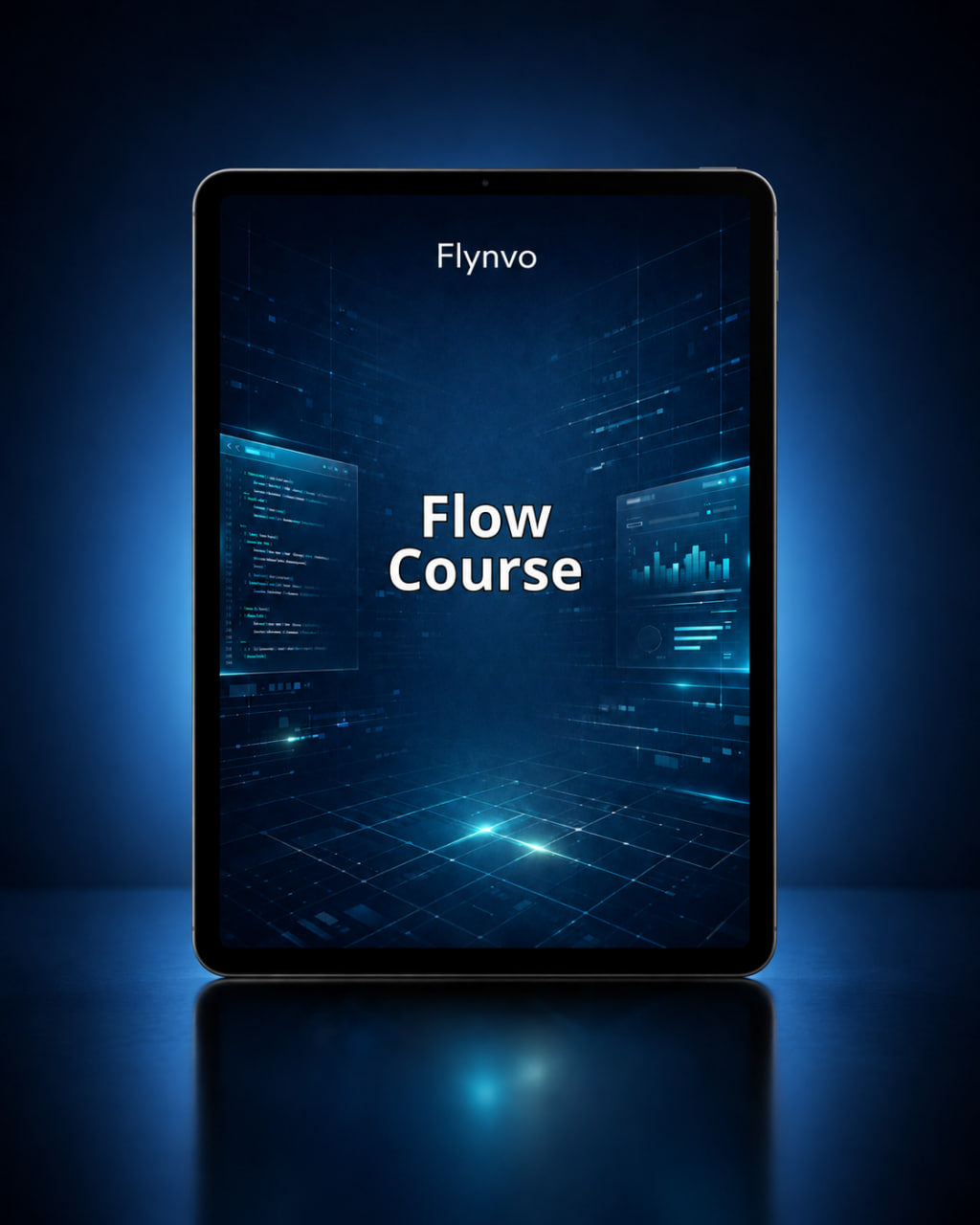 Tablet displaying 'Flow Course' by Flynvo on a dark blue background