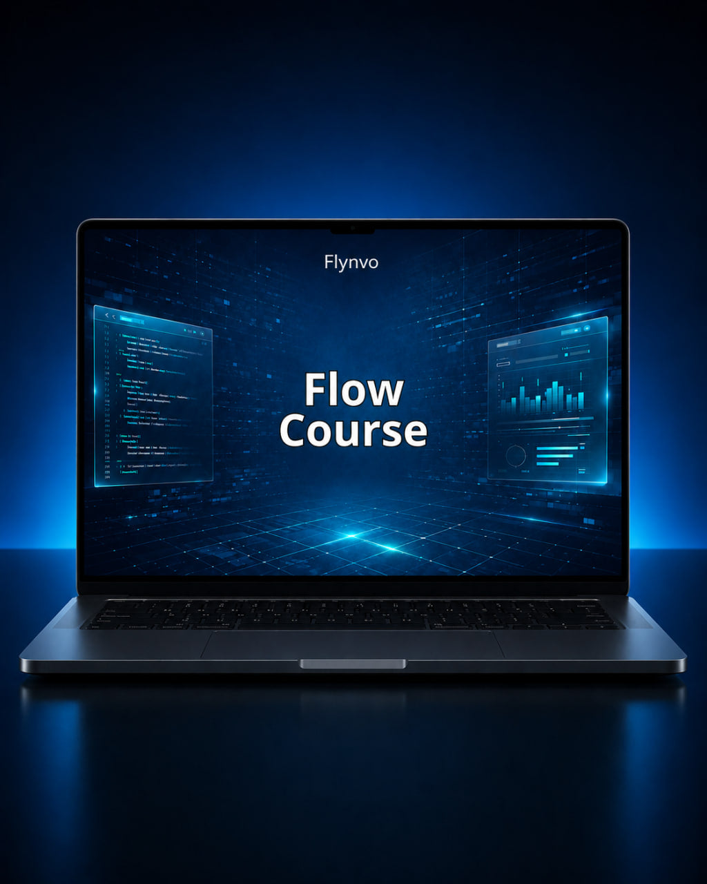 Laptop displaying 'Flow Course' on a dark blue background