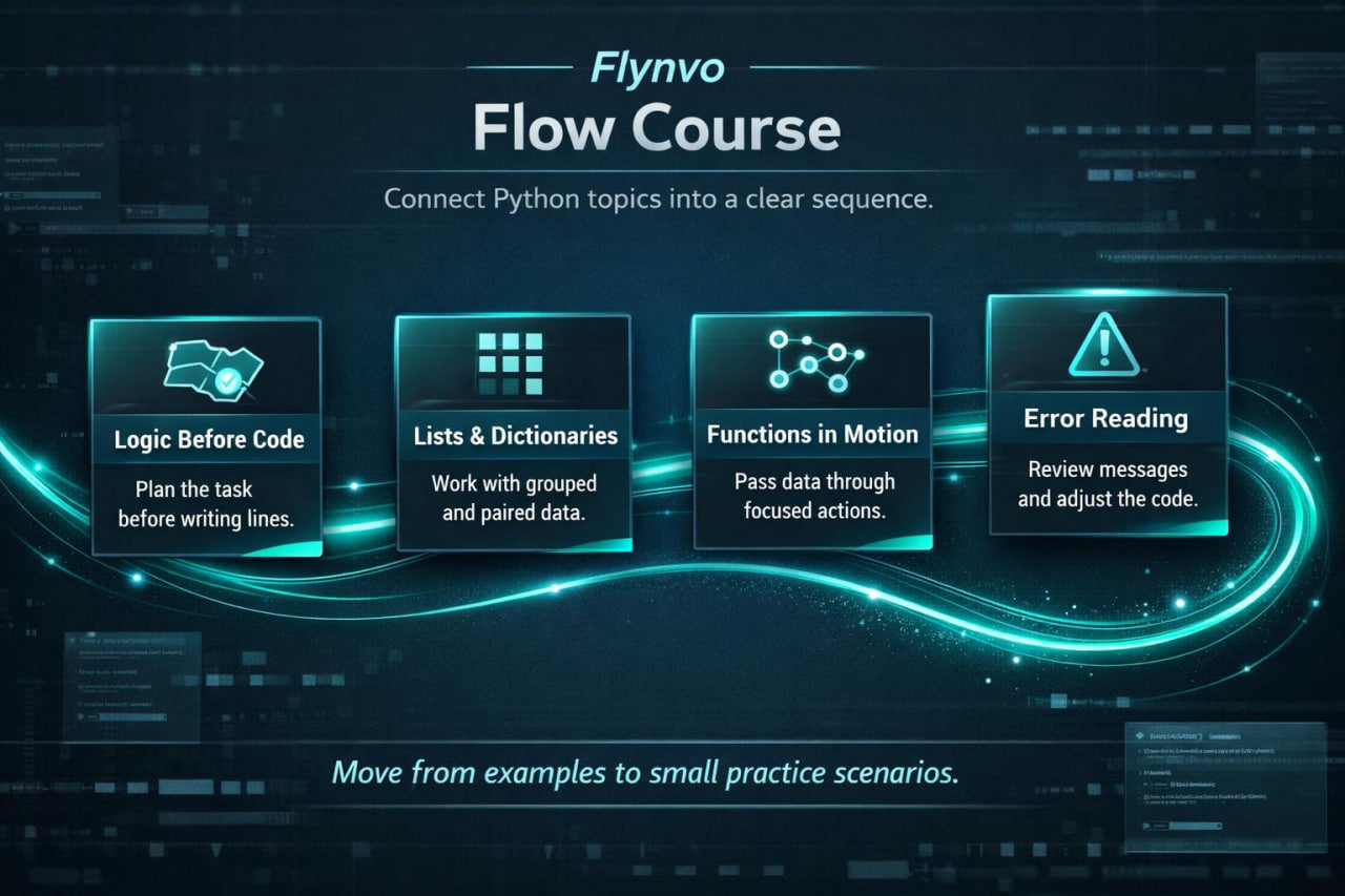 Flynvo Flow Course interface with educational blocks on a dark background