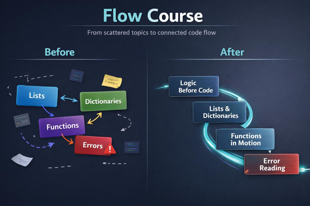 Flowchart comparing 'Before' and 'After' educational content on a dark background
