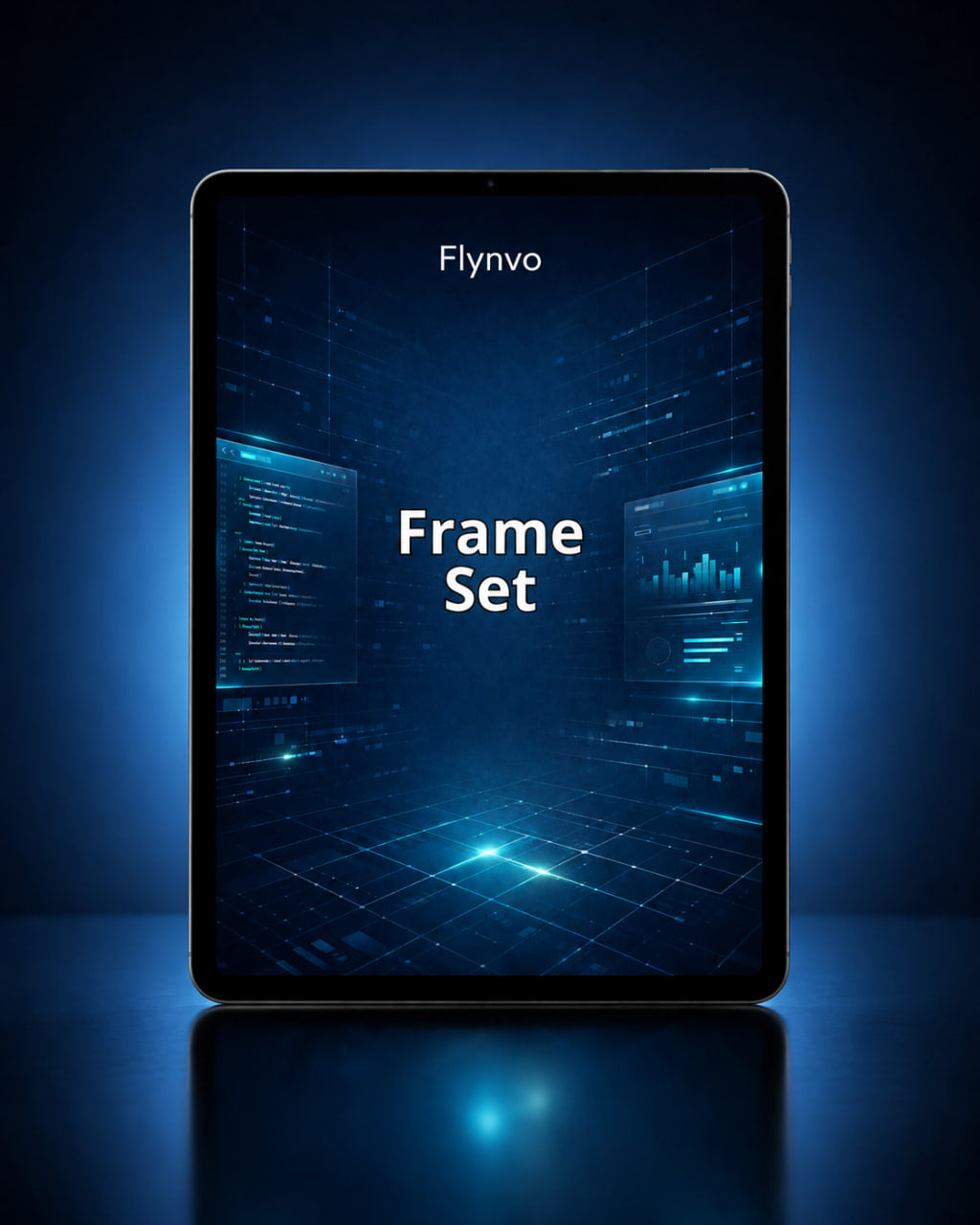 Tablet displaying a Flynvo frame set on a dark blue background