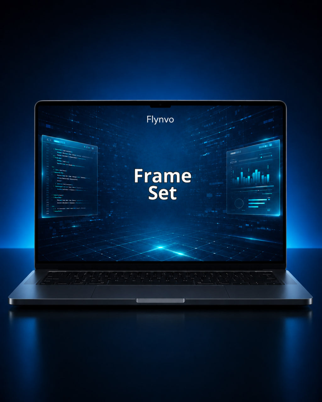 Laptop displaying 'Flynvo Frame Set' on a dark blue background