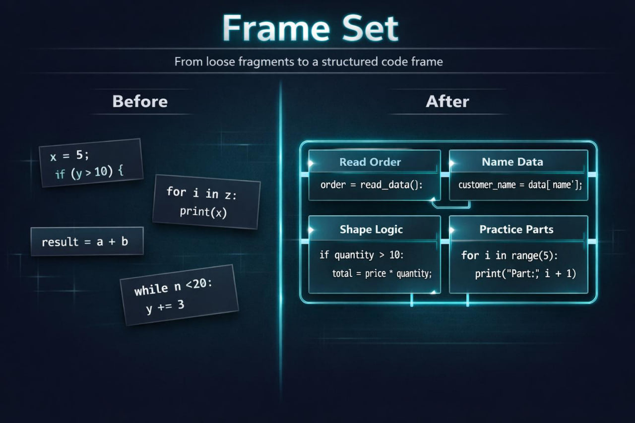 Comparison of loose code fragments to a structured code frame on a dark background
