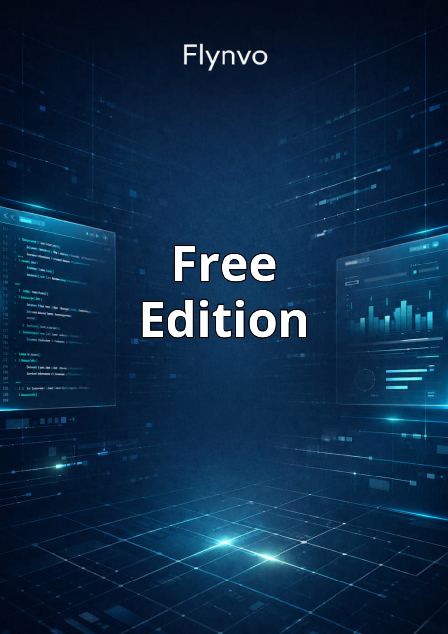 Flynvo Free Edition promotional graphic with digital interface elements on a dark blue background.