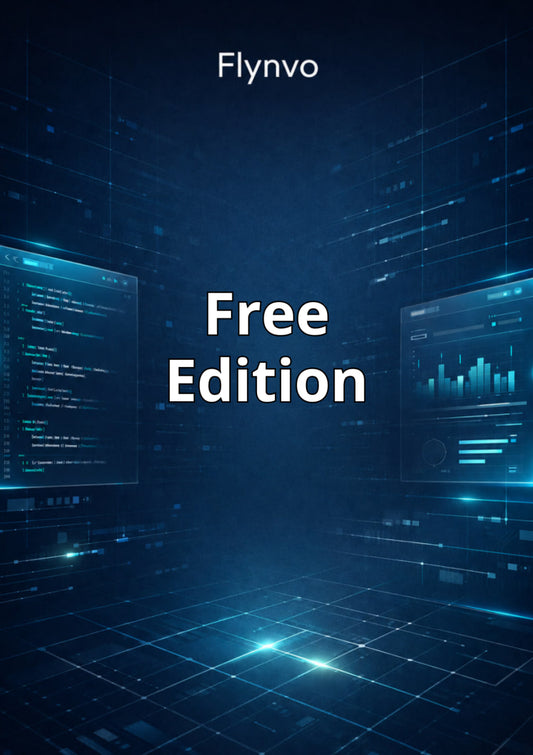 Flynvo Free Edition promotional graphic with digital interface elements on a dark blue background.