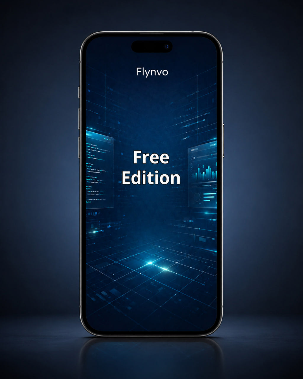 Phone displaying 'Flynvo Free Edition' on a dark background