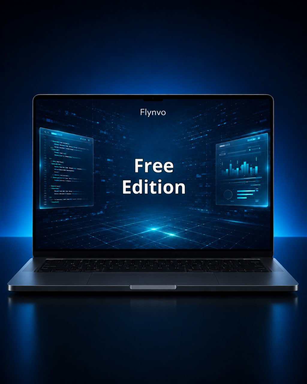 Laptop displaying 'Flynvo Free Edition' on a dark blue background
