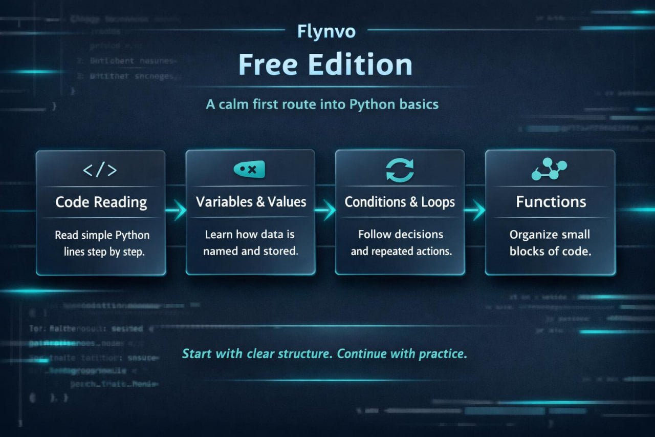 Flynvo Free Edition Python tutorial flowchart on a dark background