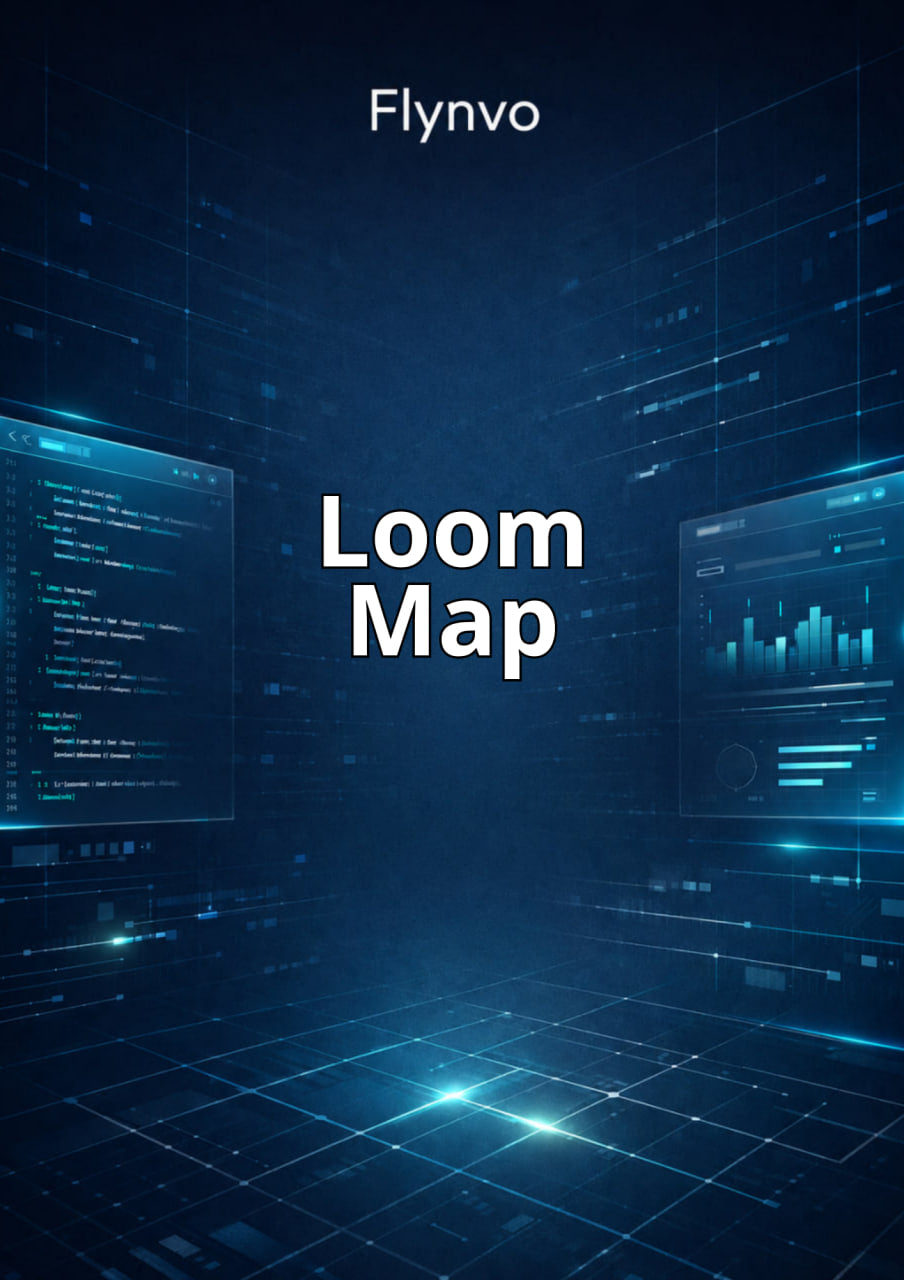 Digital interface with 'Loom Map' and 'Flynvo' text on a blue-tech background