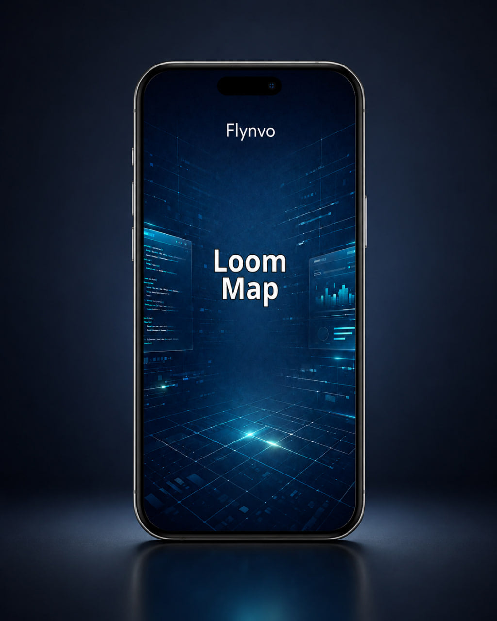 Smartphone displaying 'Flynvo Loom Map' on a dark background