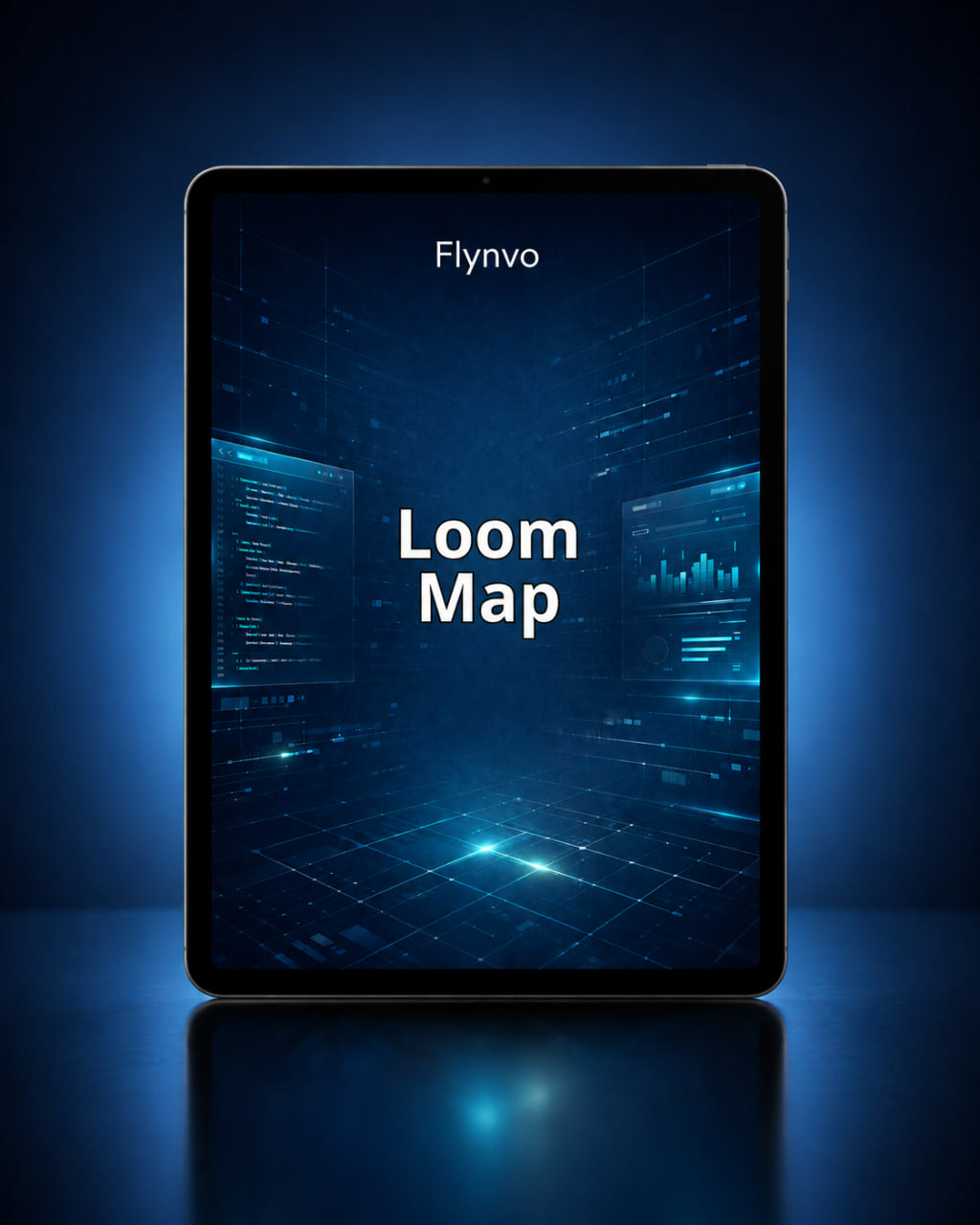 Tablet displaying 'Loom Map' on a dark blue background with 'Flynvo' branding.