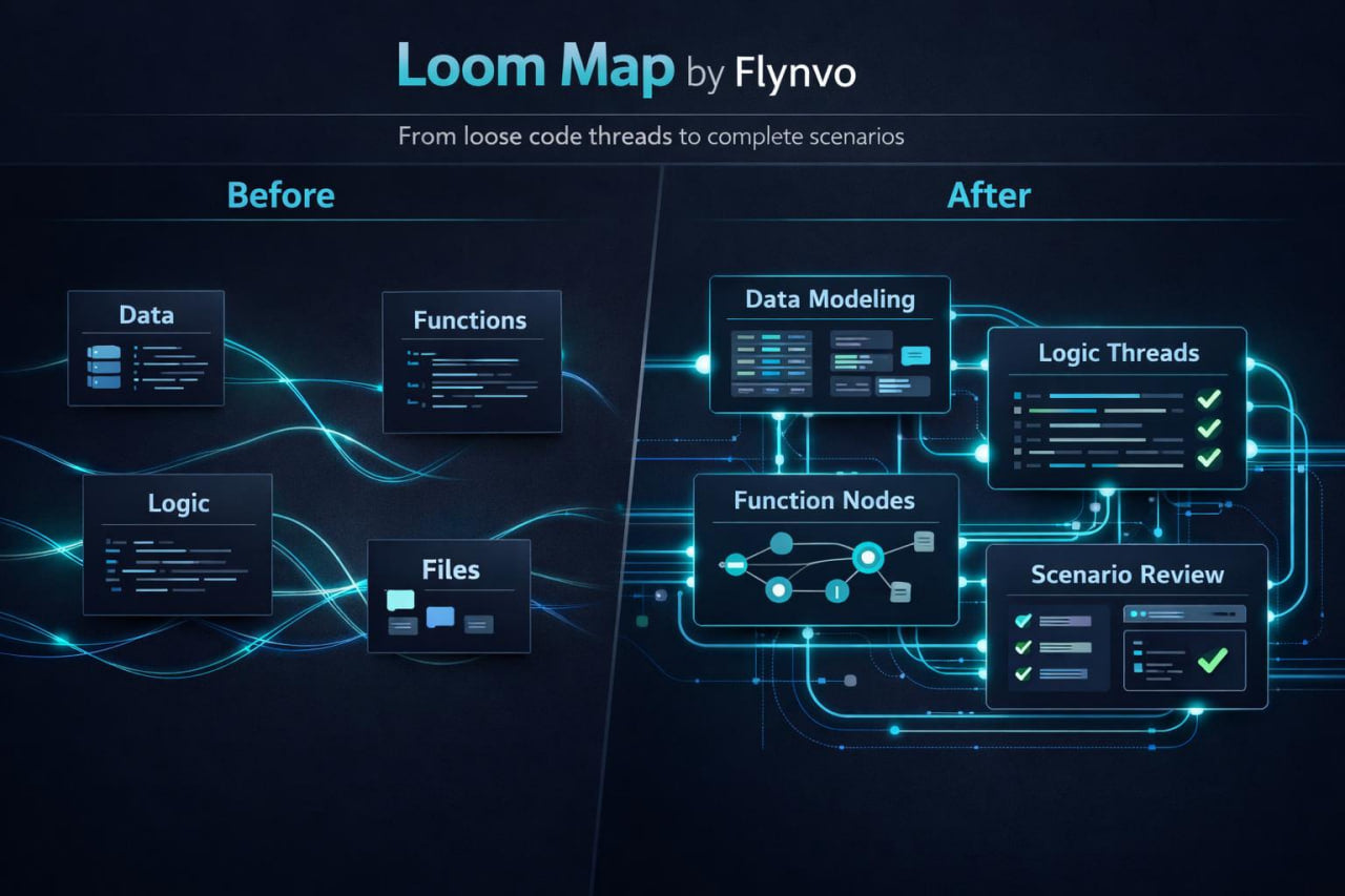 Comparison of 'Before' and 'After' diagrams for Loom Map by Flynvo on a dark background.