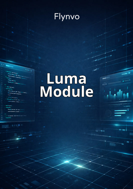 Flynvo Luma Module with digital interface and code on a dark blue background