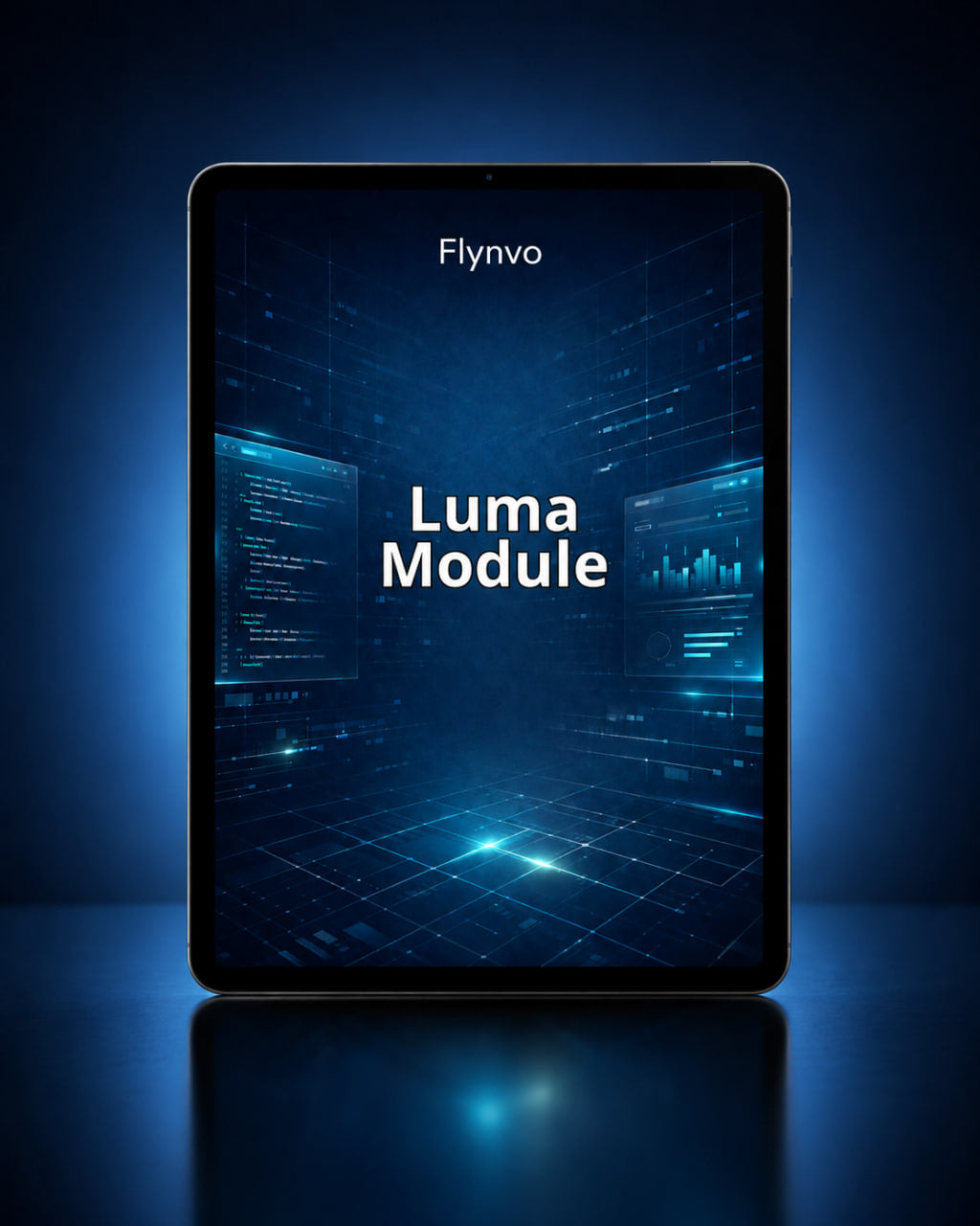 Tablet displaying 'Flynvo Luma Module' on a blue gradient background