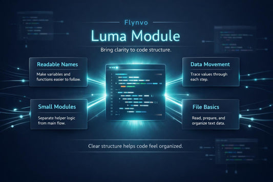 Flynvo Luma Module diagram on a dark background with glowing text and lines.
