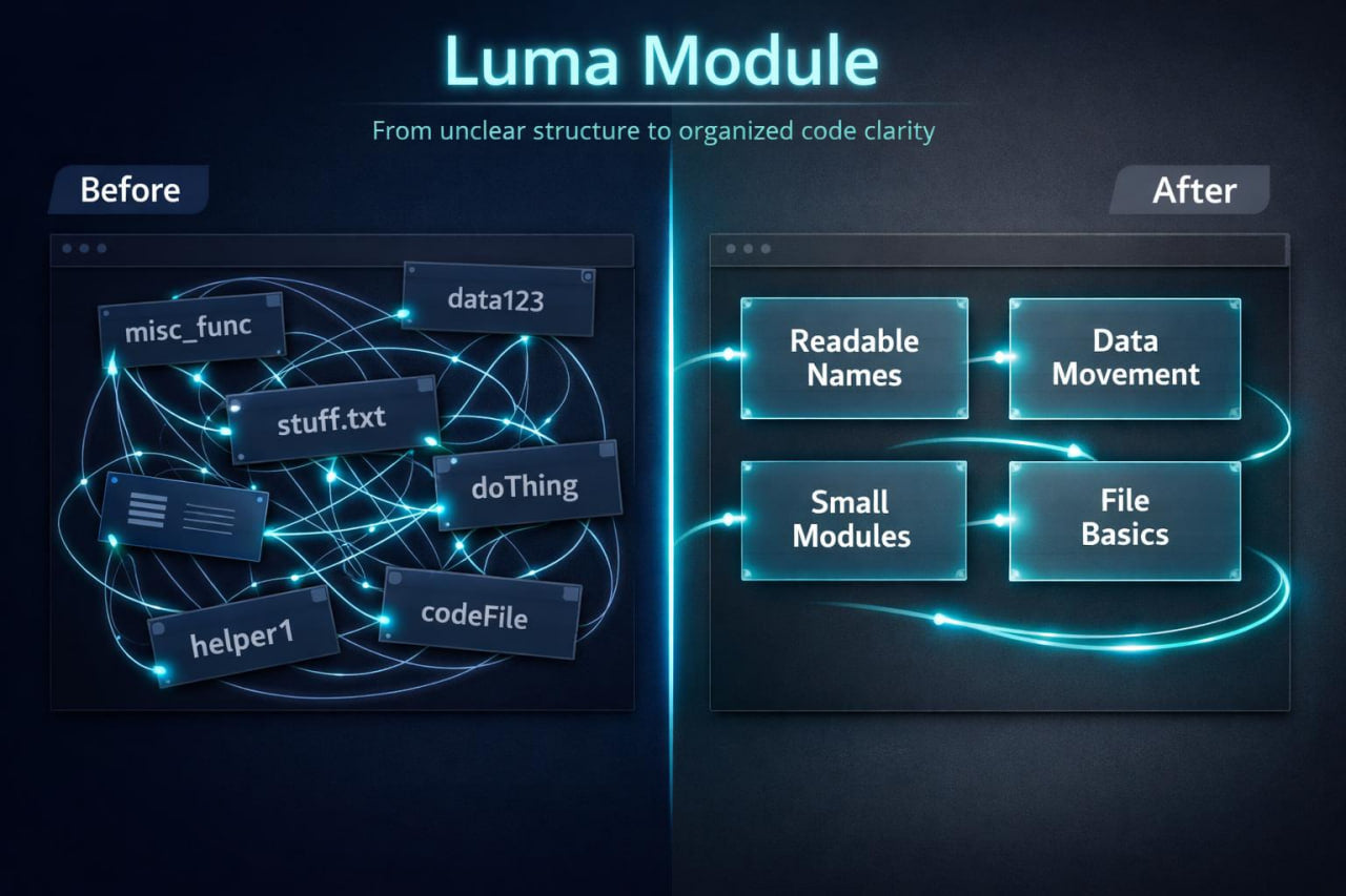 Comparison of unclear code structure before and organized code clarity after using Luma Module.