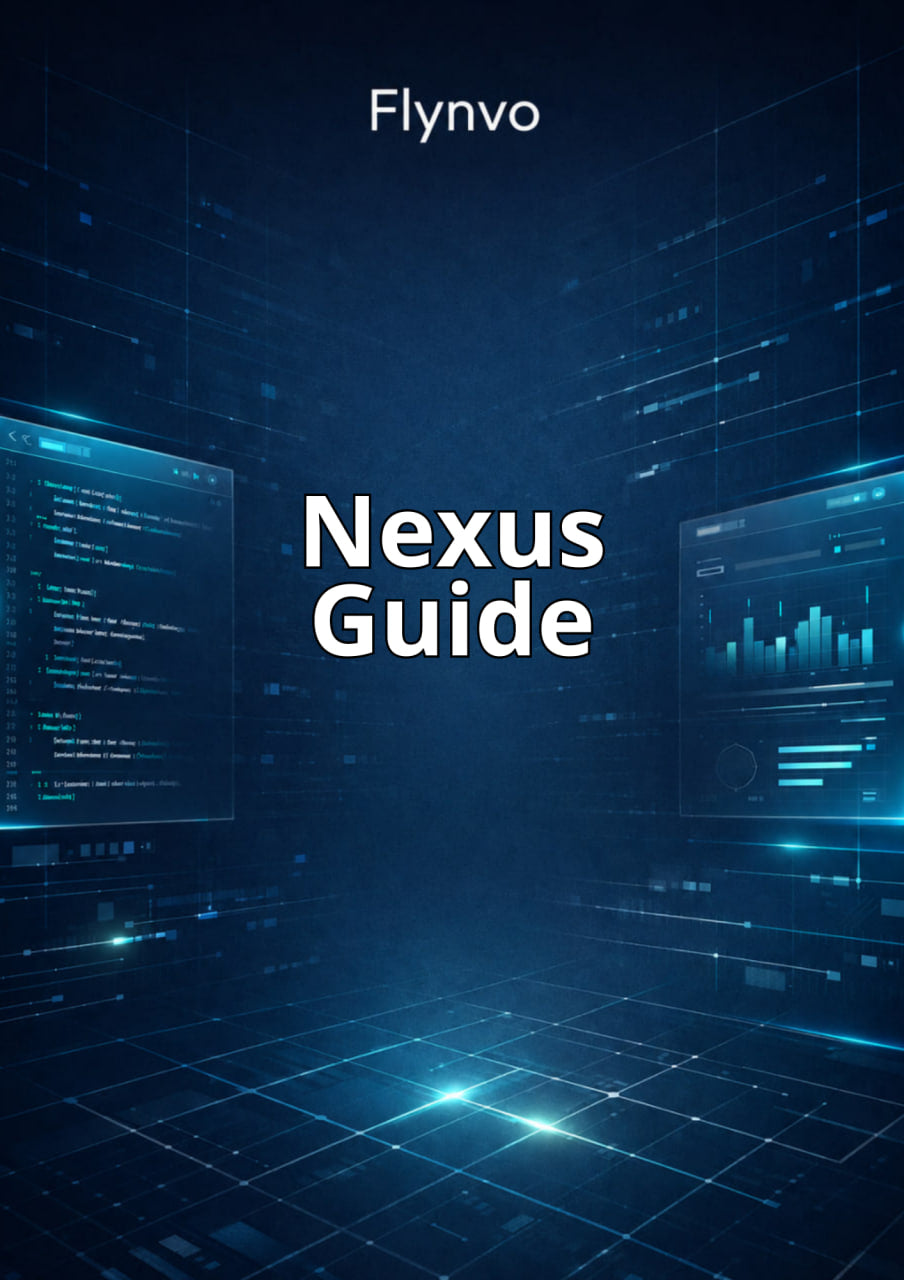 Cover of 'Nexus Guide' by Flynvo with digital interface design on a dark blue background.