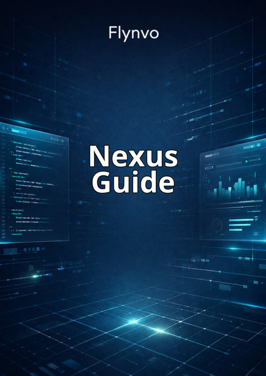 Cover of 'Nexus Guide' by Flynvo with digital interface design on a dark blue background.