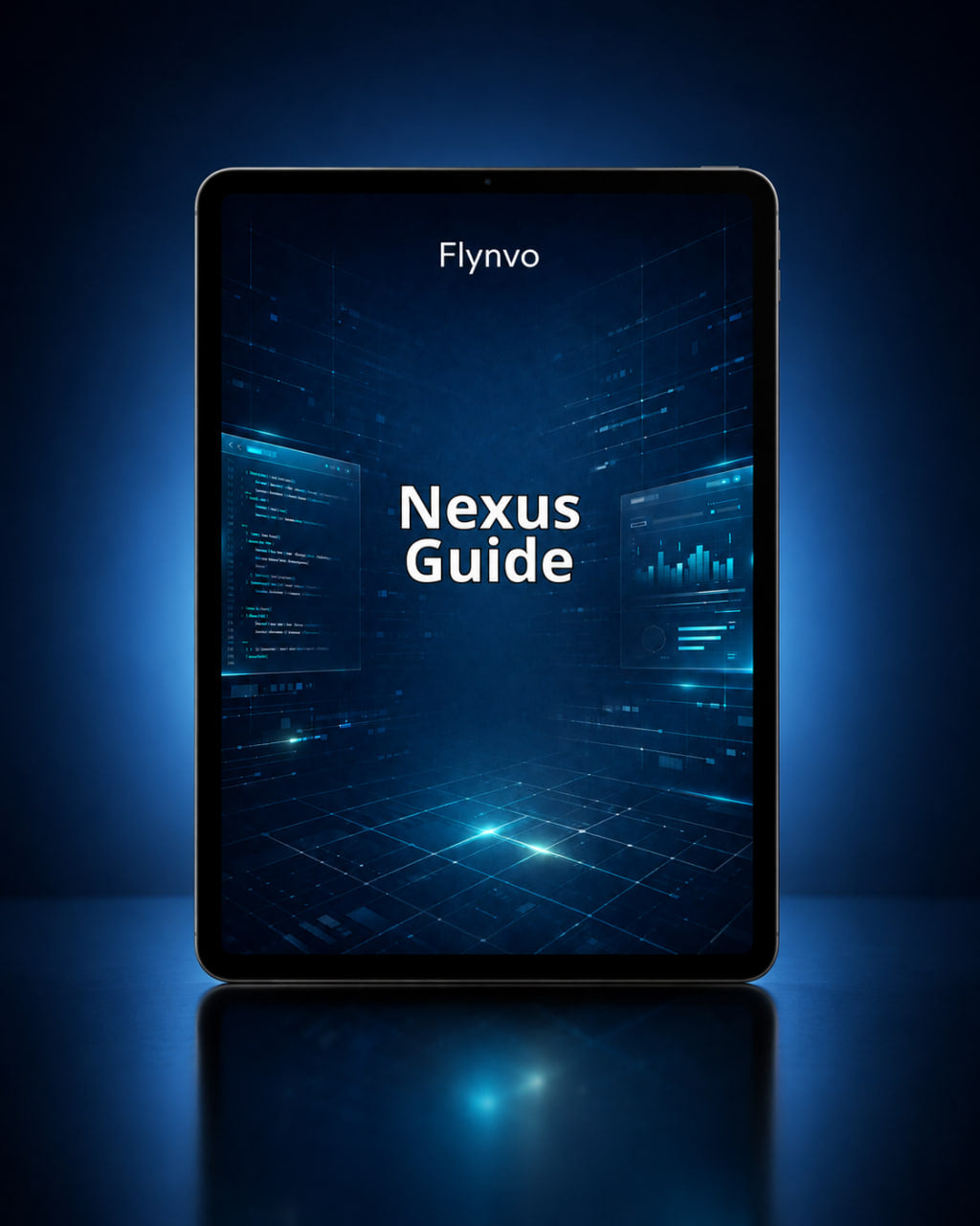 Digital tablet displaying 'Nexus Guide' by Flynvo on a dark blue background