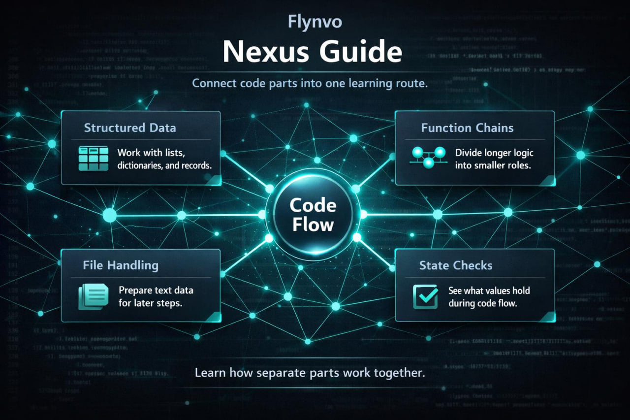 Flynvo Nexus Guide diagram with code flow concepts on a dark background