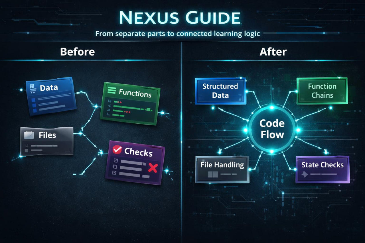Comparison of 'Before' and 'After' diagrams in a Nexus Guide with technological elements.