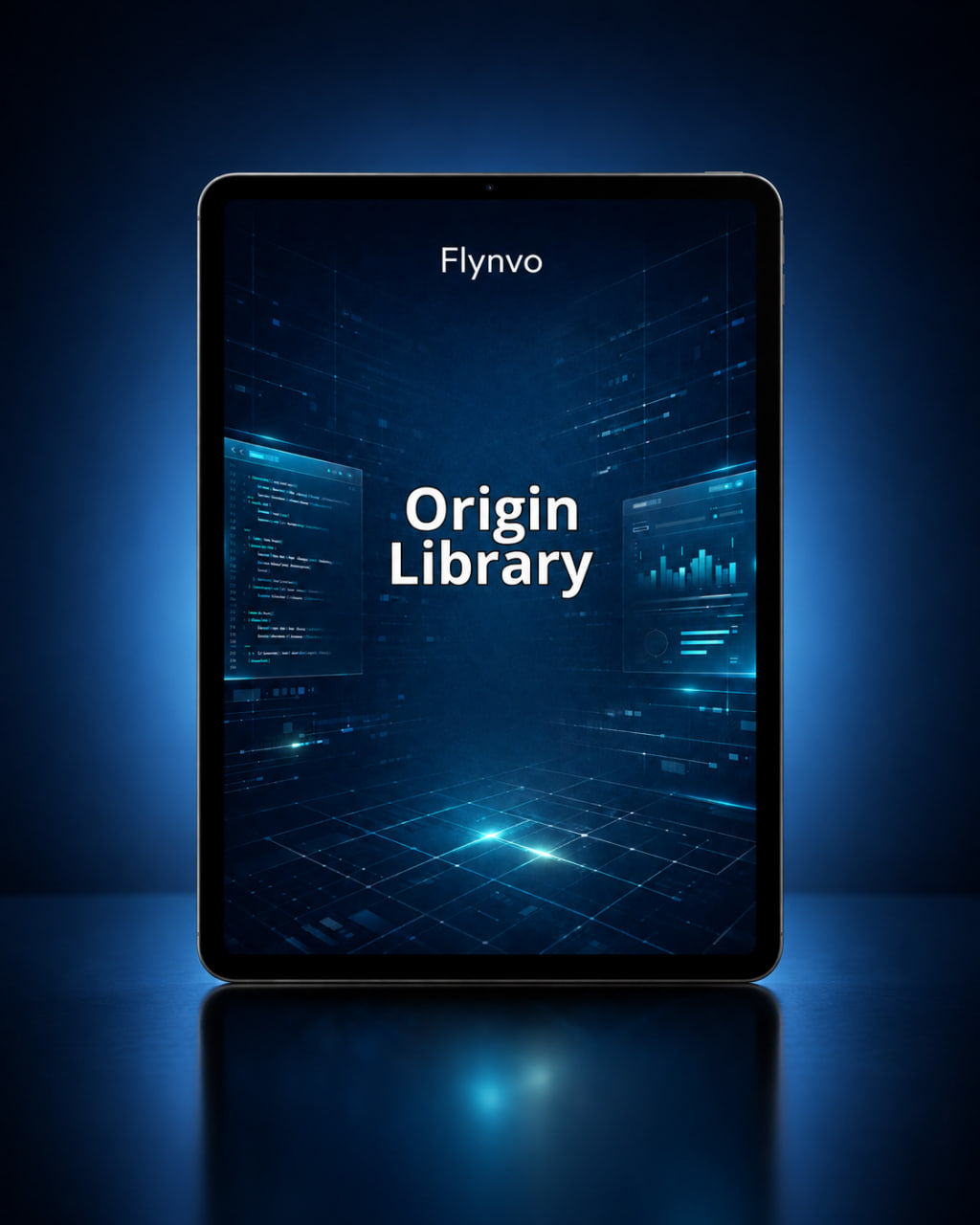 Tablet displaying 'Flynvo Origin Library' on a dark background