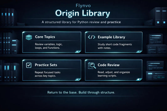 Flynvo Origin Library interface with structured learning categories on a dark background