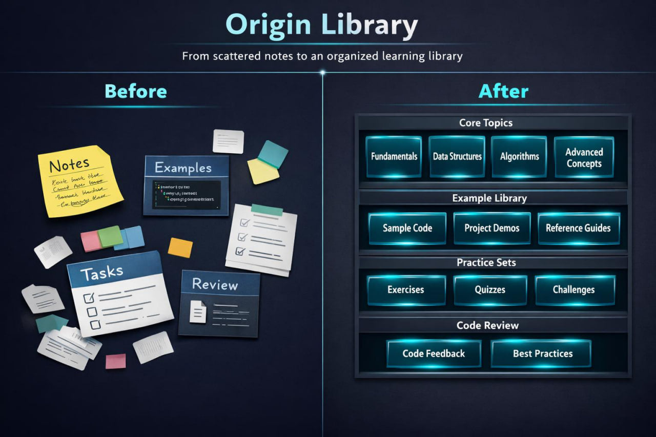 Comparison of scattered notes and examples to an organized learning library with categories like Fundamentals, Data Structures, and Code Review.