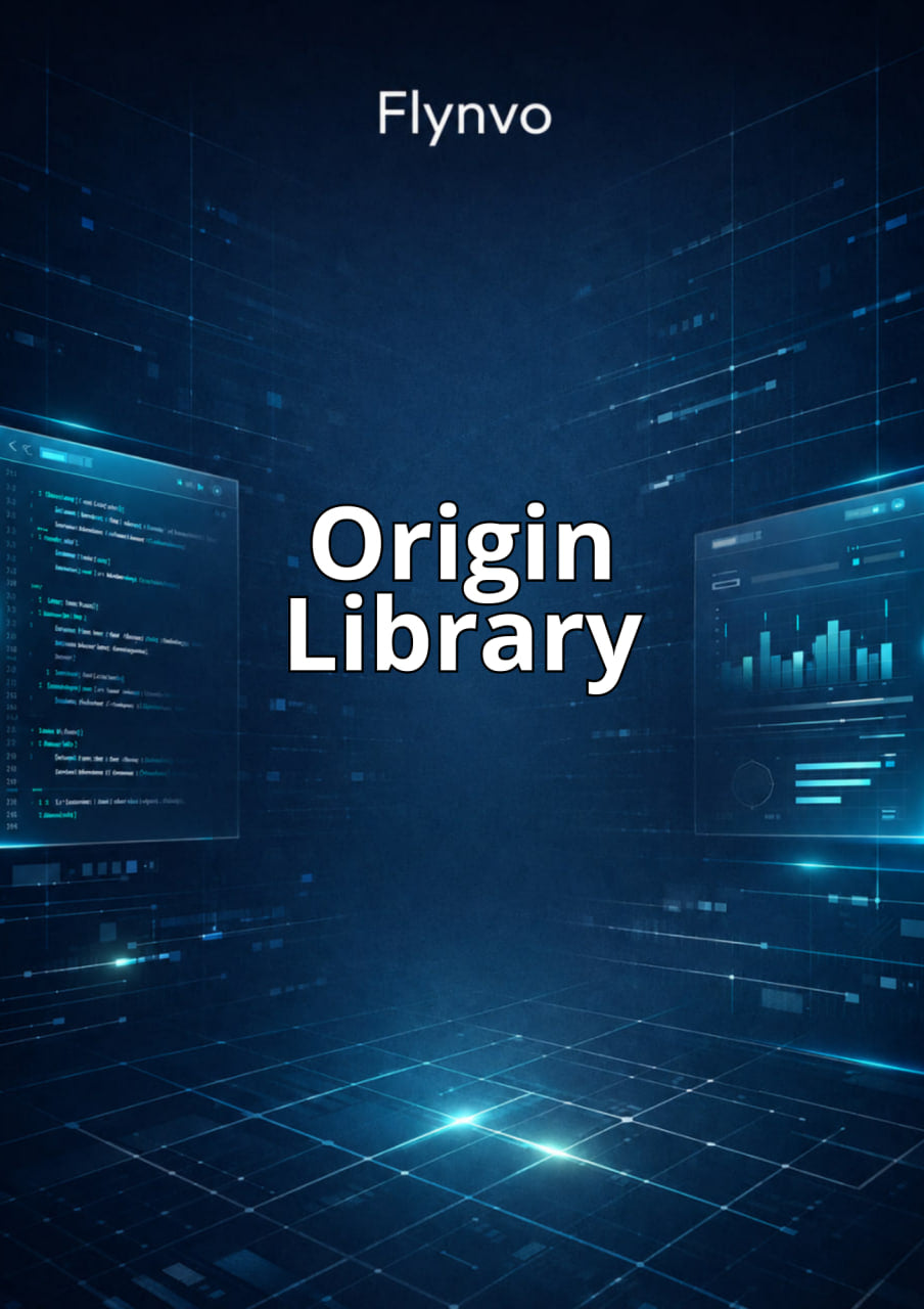 Flynvo Origin Library with digital interface and data graphics on a dark background