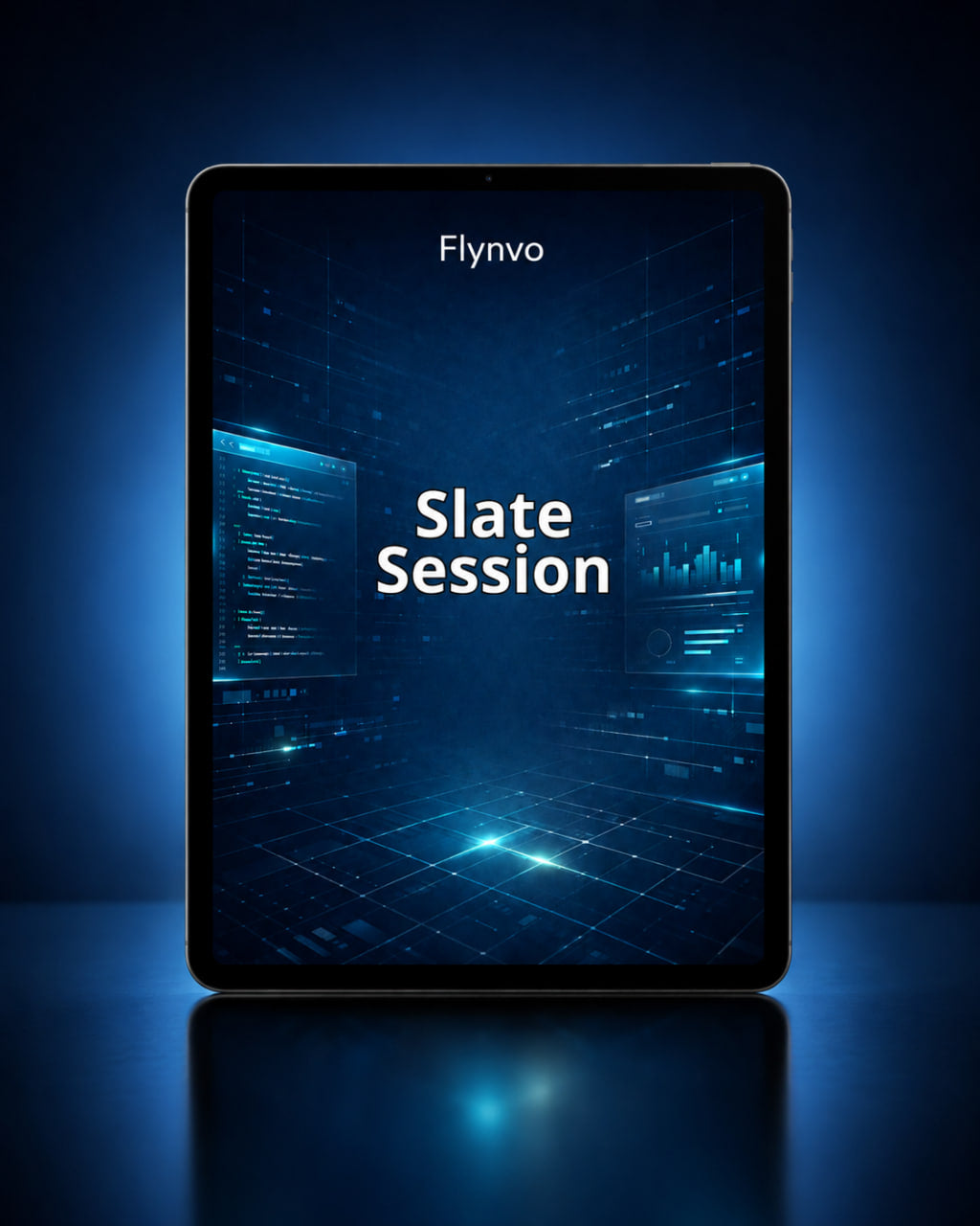 Tablet displaying 'Flynvo Slate Session' on a dark blue background
