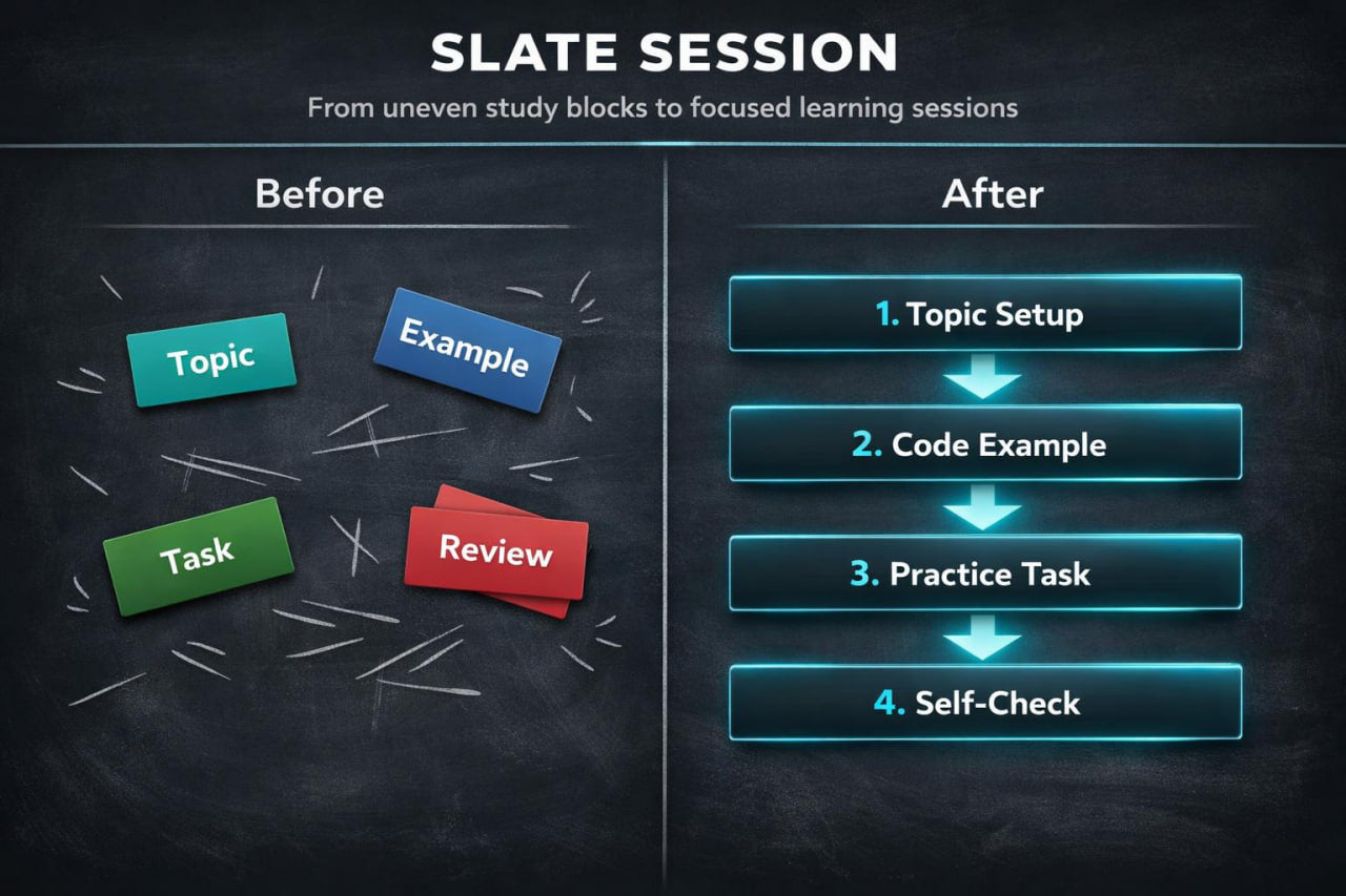 Diagram showing a slate session transition from unordered study blocks to a structured learning process.