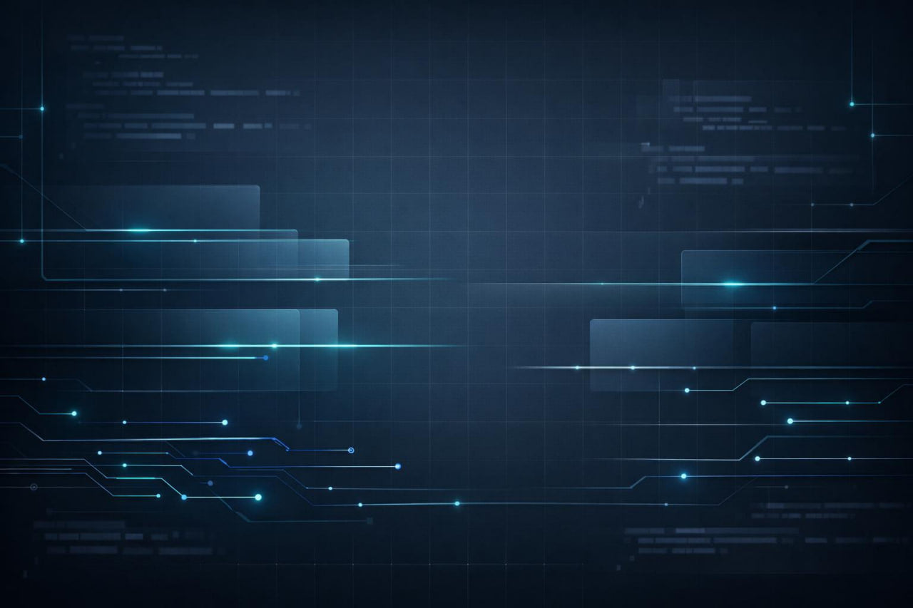 Digital circuit design with blue lines on a dark background