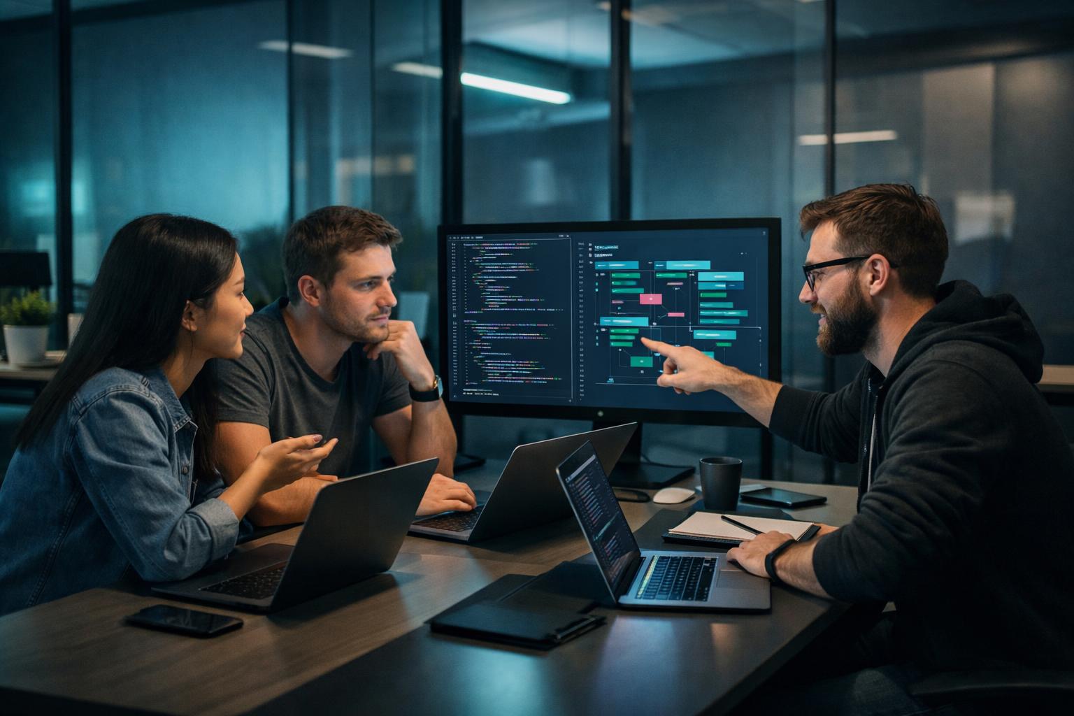 Three people working together on a project with multiple computer screens in a dark office setting.