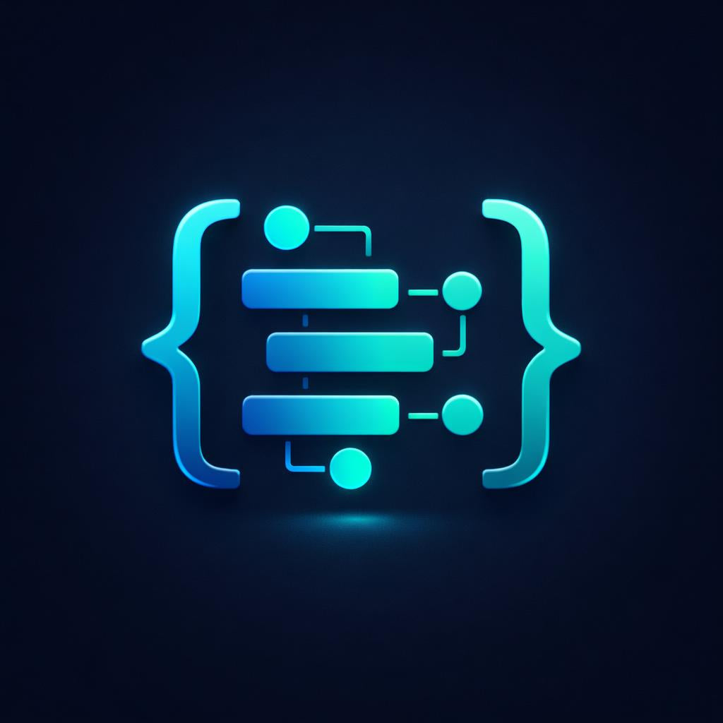 Neon blue coding syntax icon on a dark background