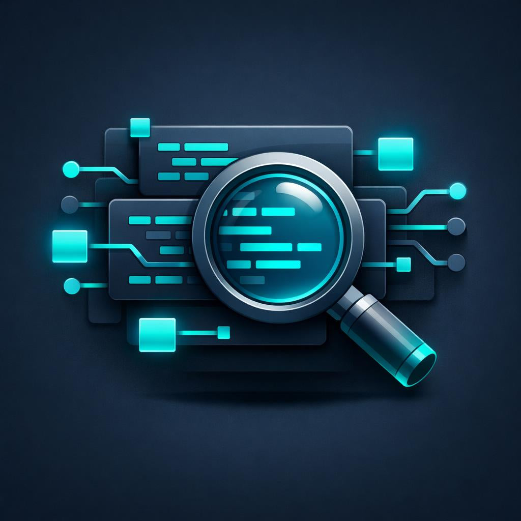Digital magnifying glass inspecting code on a dark background with blue neon elements