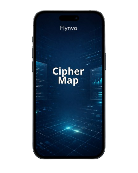 Smartphone displaying 'Flynvo Cipher Map' on a blue grid background