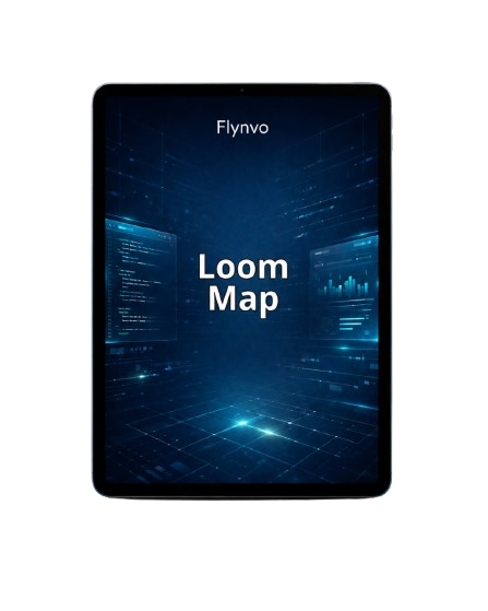 Tablet displaying 'Loom Map' on a dark screen with 'Flynvo' branding.